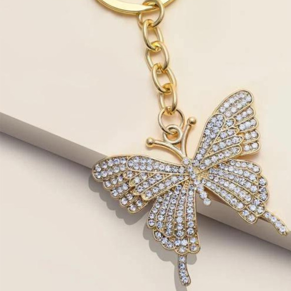 Rhinestone Butterfly Keychain Keyring Gold Link Butterfly Charm Pendant - Picture 6 of 14